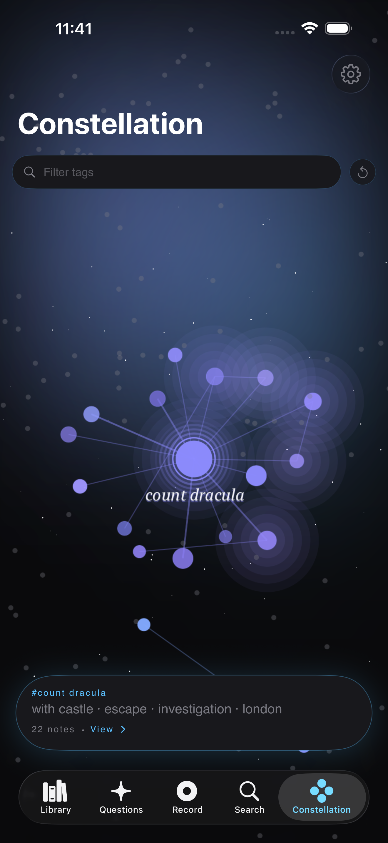 Constellation, themes clustering across recordings